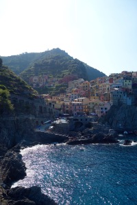 Cinque Terre is a group of five villages without car access that were built on the side of mountains rising above the Mediterranean. This one is Manerola.